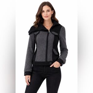 Diane von Furstenberg Grey Black Wool Knit Jacket Wide Collar Button Detail M